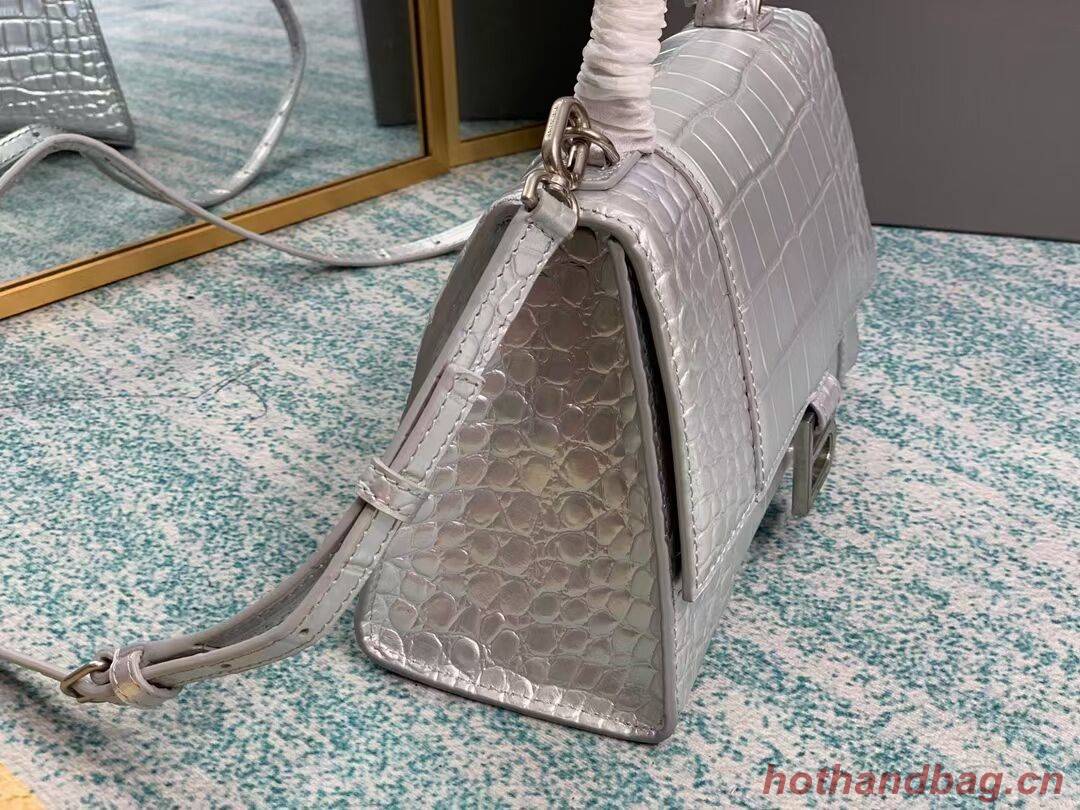 Balenciaga HOURGLASS SMALL TOP HANDLE BAG crocodile embossed calfskin B108895E silver