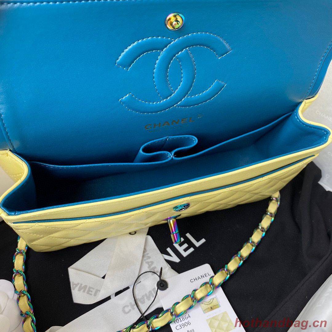 Chanel Classic Flap Shoulder Bag Original Sheepskin leather Colors Buckle Medium A01113 Yellow&Blue