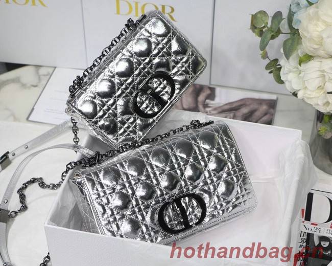 MEDIUM DIOR CARO BAG Silver-Tone Dior Spatial Crinkled Metallic Calfskin M9242B