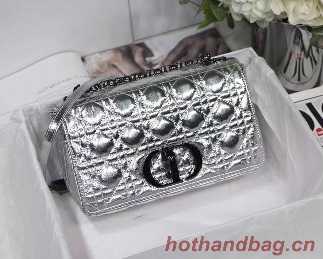 MEDIUM DIOR CARO BAG Silver-Tone Dior Spatial Crinkled Metallic Calfskin M9242B