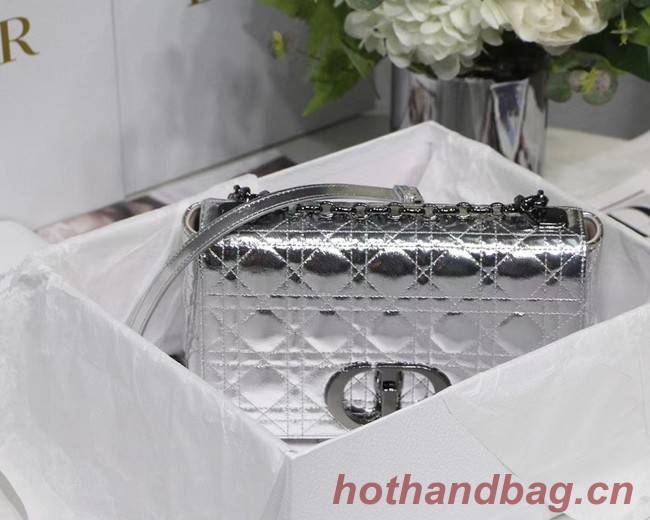 MEDIUM DIOR CARO BAG Silver-Tone Dior Spatial Crinkled Metallic Calfskin M9242B