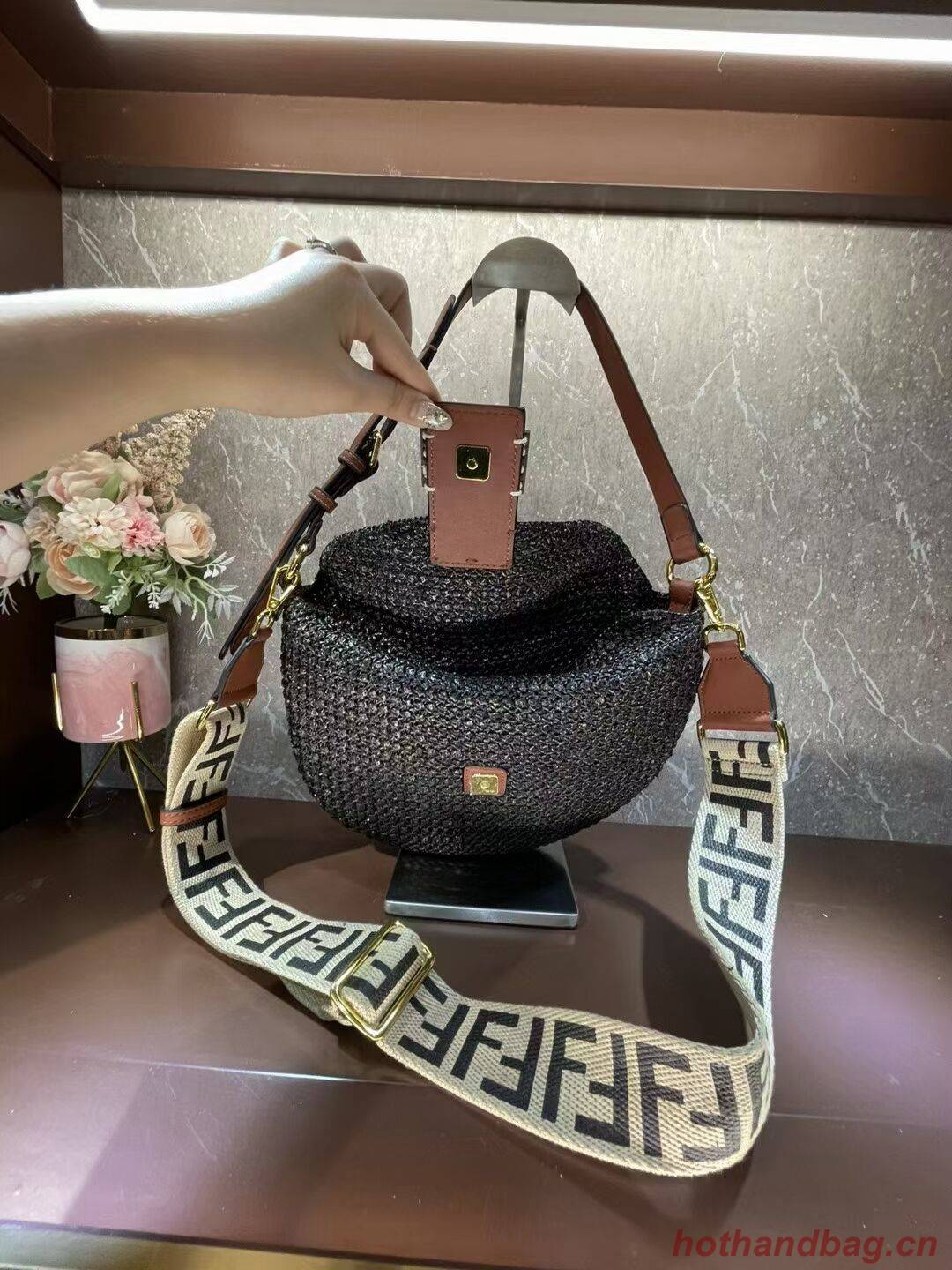 FENDI SMALL CROISSANT Woven straw bag 8BR790AFG black