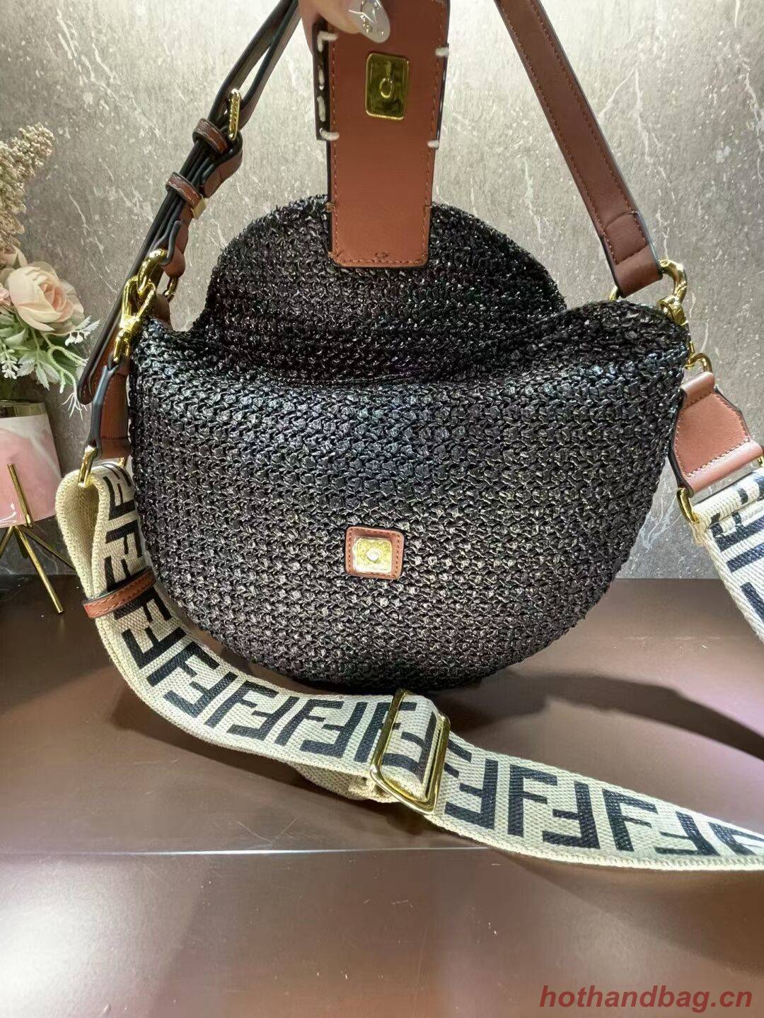 FENDI SMALL CROISSANT Woven straw bag 8BR790AFG black