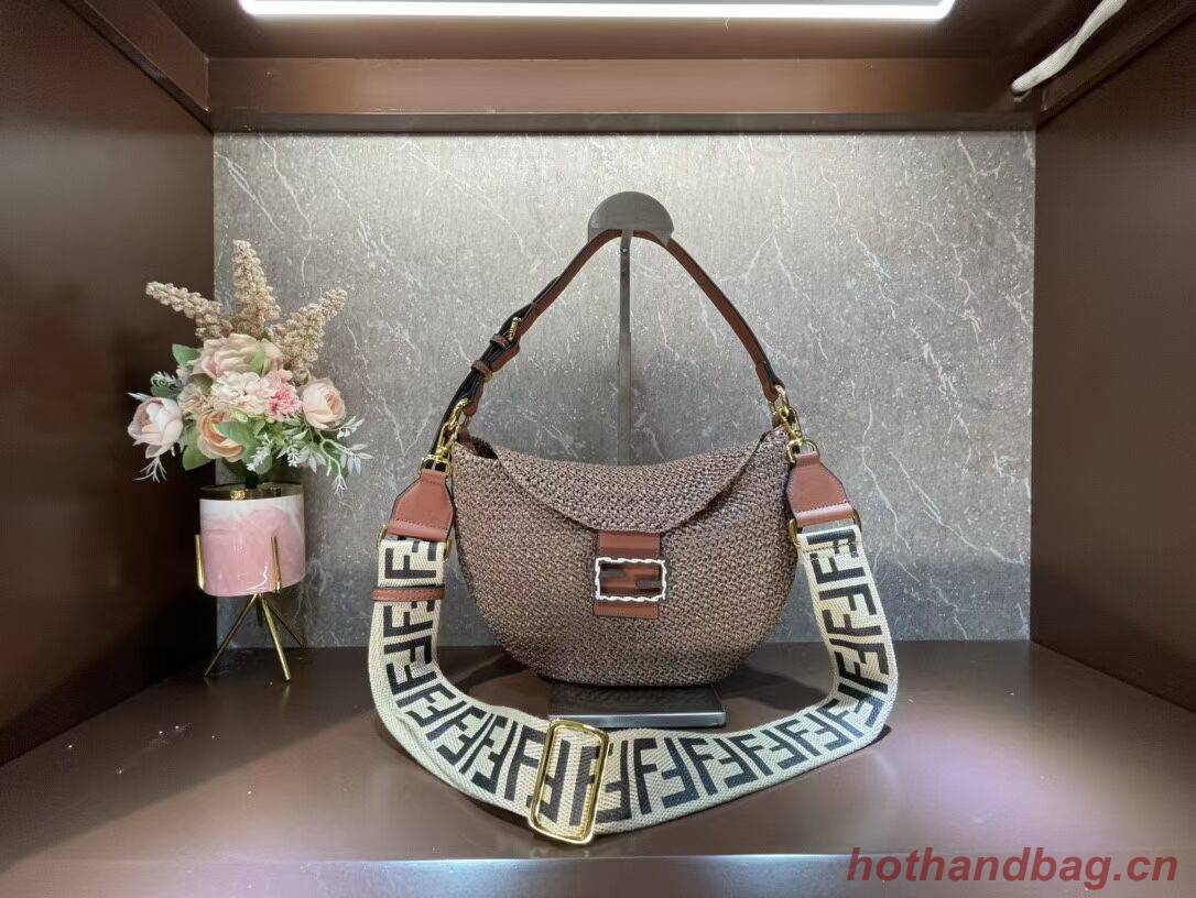 FENDI SMALL CROISSANT Woven straw bag 8BR790AFG brown