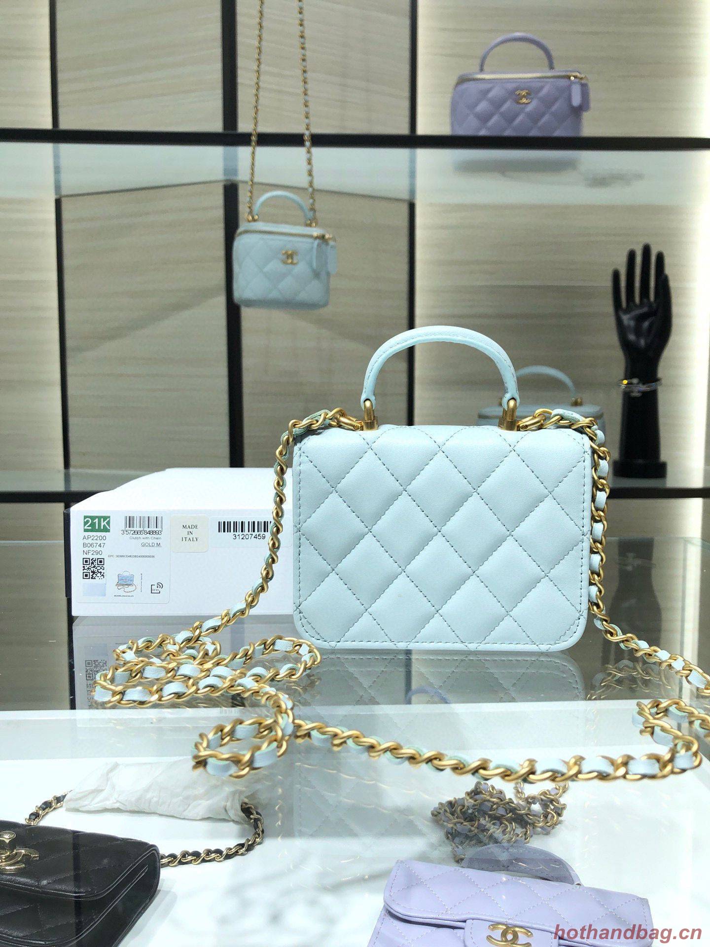 CHANEL Top Handle Micro Mini Wallet On Chain AP2200 Light Blue