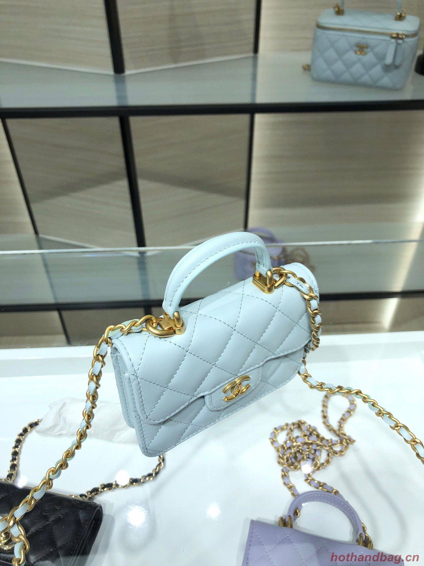 CHANEL Top Handle Micro Mini Wallet On Chain AP2200 Light Blue