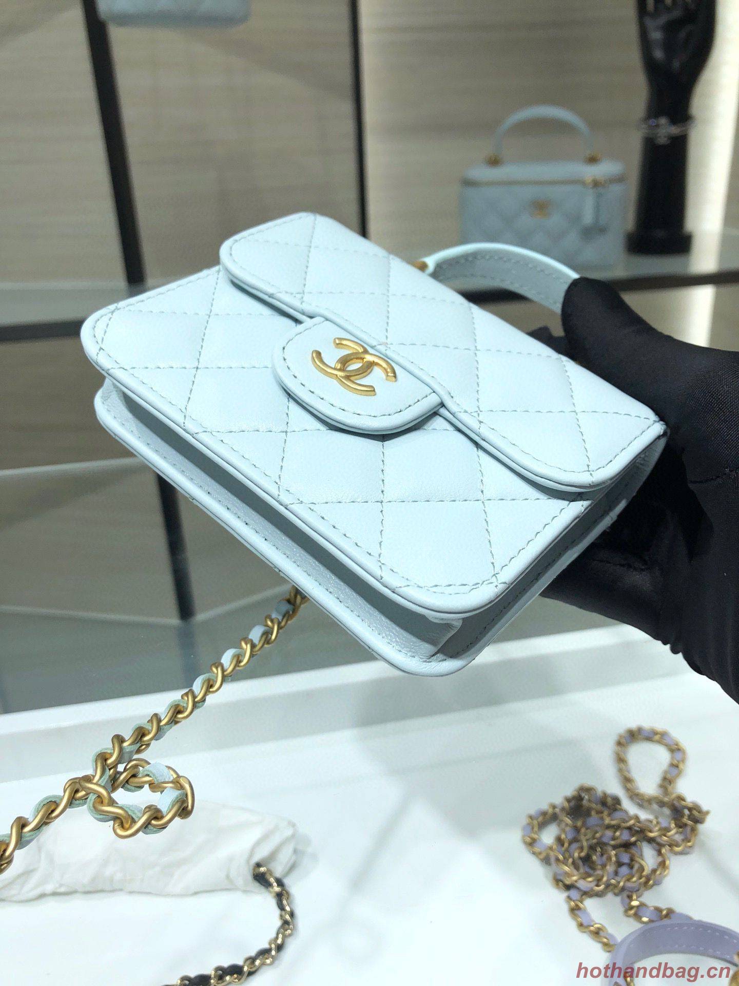 CHANEL Top Handle Micro Mini Wallet On Chain AP2200 Light Blue