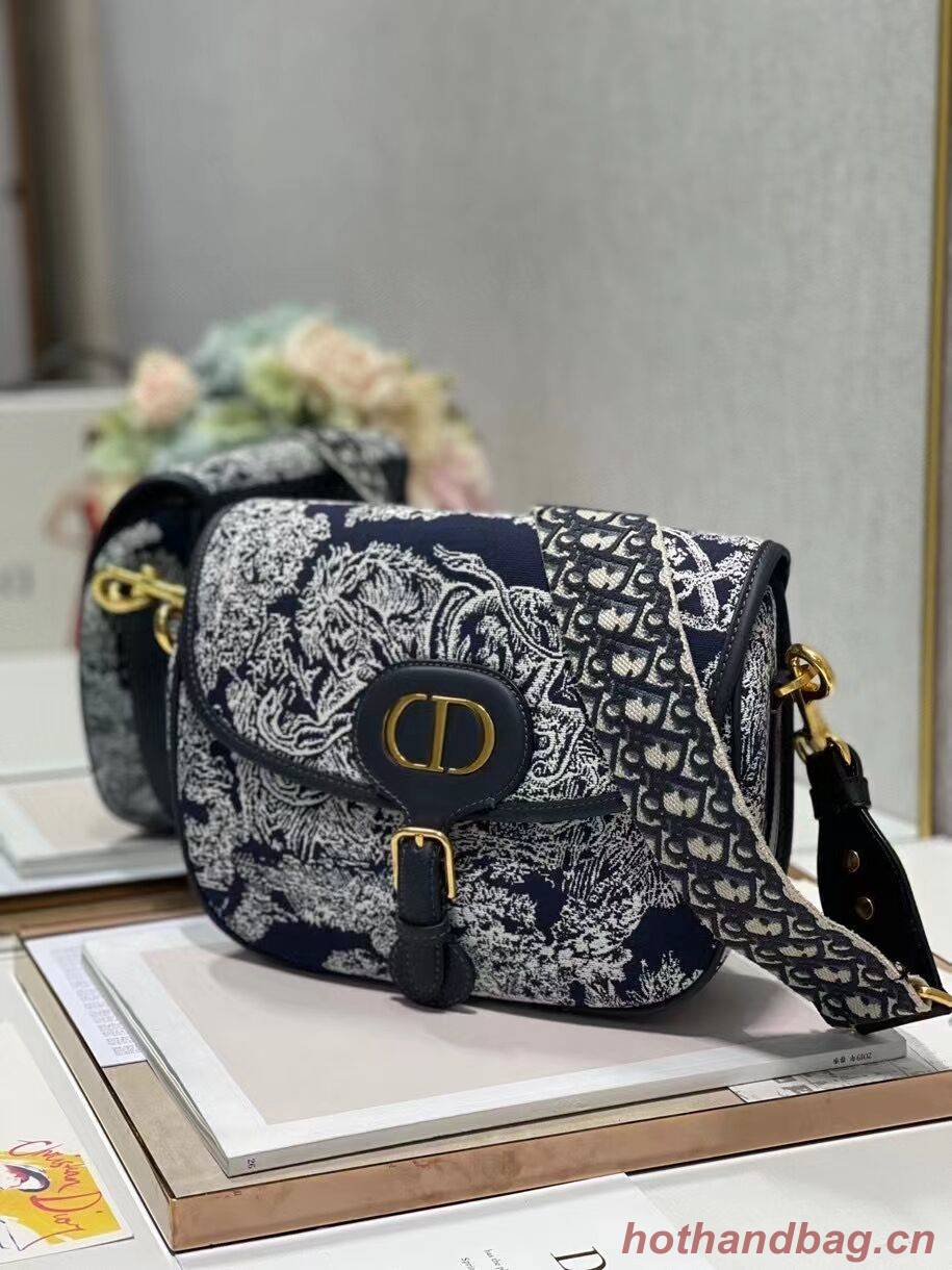 Large  DIOR BOBBY BAG Warm Taupe Box Oblique Embroidery C9267 dark blue