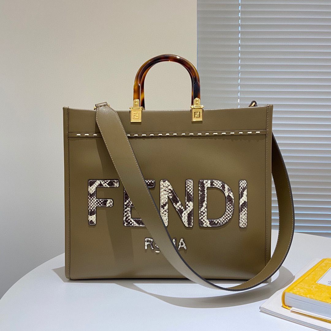 FENDI SUNSHINE Medium Snakeskin Logo Flannel Togo shopper Bag 36553B Gray