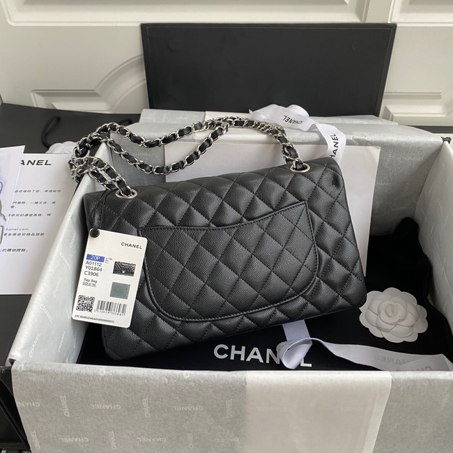 Chanel Flap Shoulder Bag Grained Calfskin A01112 silver-Tone Metal black