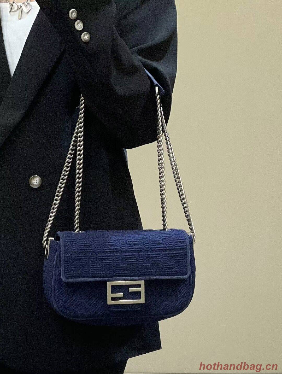 FENDI MIDI BAGUETTE CHAIN FF fabric bag 8BR793 dark blue