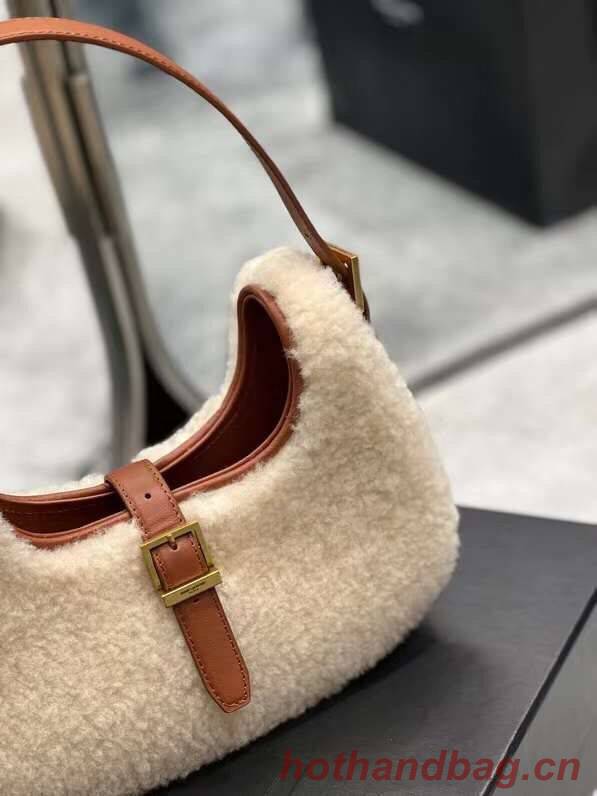 Yves Saint Laurent LE FERMOIR HOBO BAG IN MERINO SHEARLING 6726152 NATURAL BEIGE & BRICK