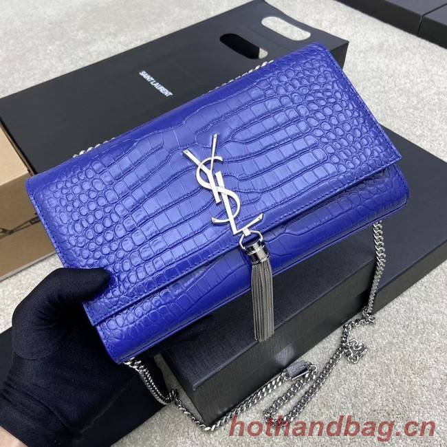 YSL KATE MEDIUM WITH TASSEL IN CROCODILE-EMBOSSED SHINY LEATHER B377829 blue