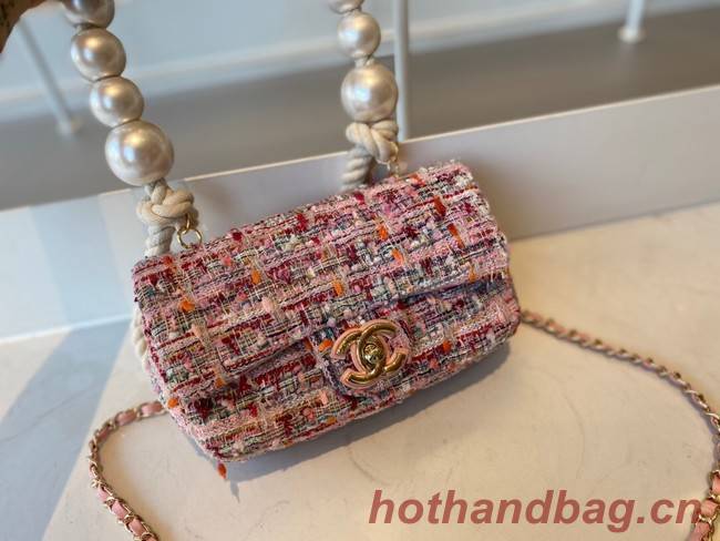 CHANEL Tweed Braided Sheepskin & Gold-Tone Metal AS0593 pink