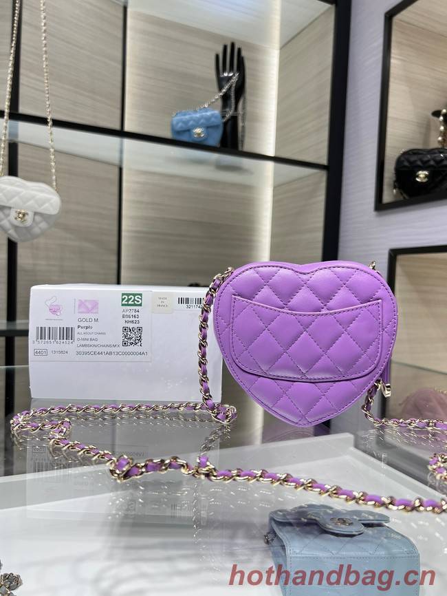 Chanel 2022S Love Heart mini Lambskin Crossbody Chain Bag AO2784 Purple