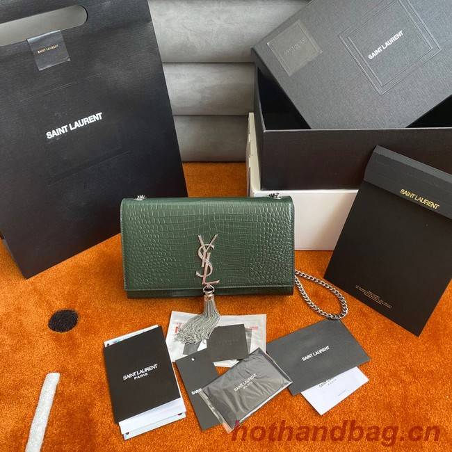 Yves Saint Laurent KATE CHAIN WALLET WITH TASSEL IN CROCODILE-EMBOSSED SHINY LEATHER 452159B blackish green