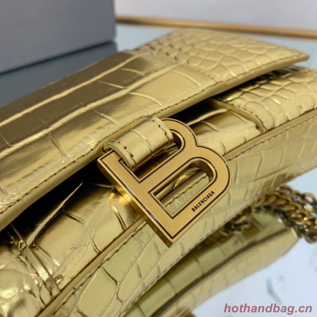 Balenciaga HOURGLASS Wallet With Chain Crocodile Embossed 656050 Gold