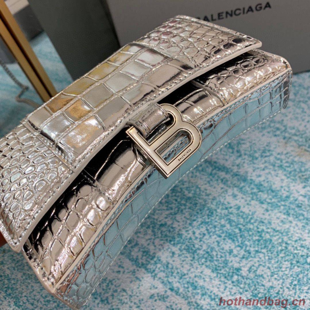 Balenciaga HOURGLASS Wallet With Chain Crocodile Embossed 656050 Silver