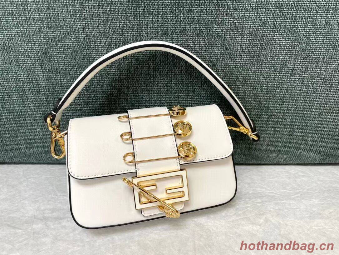 Fendi Brooch mini baguette Fendace leather bag 8BS066A white