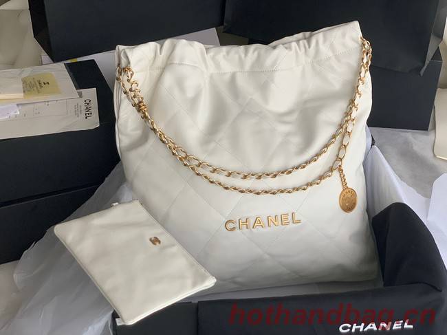 CHANEL 22 HANDBAG Shiny Calfskin & Gold-Tone Metal AS3262 white&gold