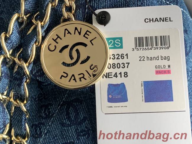 CHANEL 22 HANDBAG Denim AS3262 blue&gold