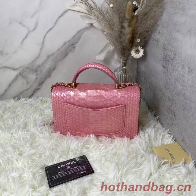 Chanel Snake skin mini flap bag with top handle AS2431 Pearlescent Pink