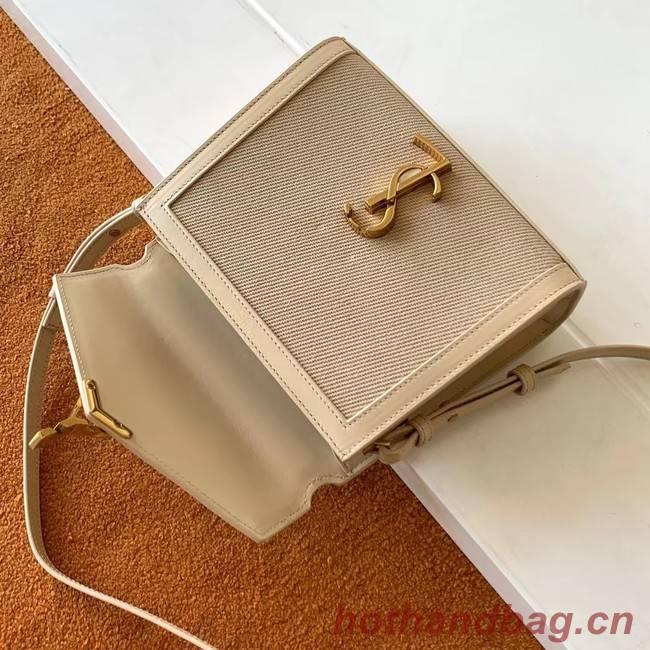 SAINT LAURENT CASSANDRA MINI TOP HANDLE BAG IN CANVAS AND BOX SAINT LAURENT LEATHER 623930 BEIGE ET SEA SALT