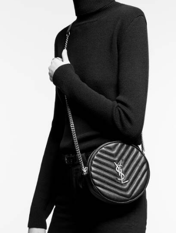 SAINT LAURENT VINYLE ROUND CAMERA BAG IN CHEVRON-QUILTED GRAIN DE POUDRE EMBOSSED LEATHER 6104361 black