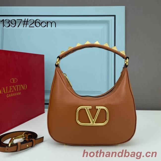 VALENTINO GARAVANI STUD SIGN Calf Leather Hobo bag 1W2B0K69 Caramel