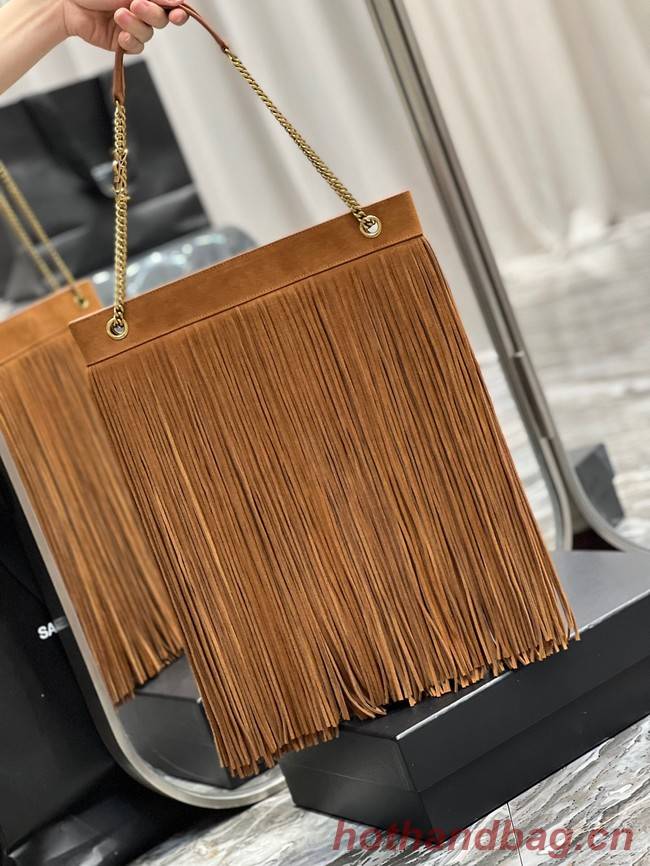 SAINT LAURENT MEDIUM CHAIN BAG IN LIGHT SUEDE WITH FRINGES 633752 Brown