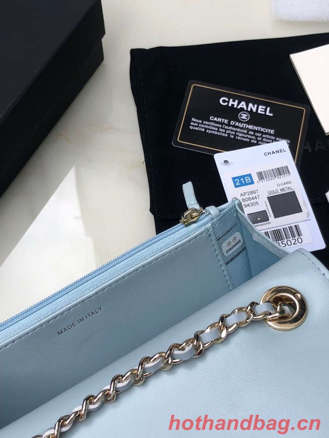 CHANEL WALLET ON CHAIN Lambskin & light Gold-Tone Metal 80892 light blue