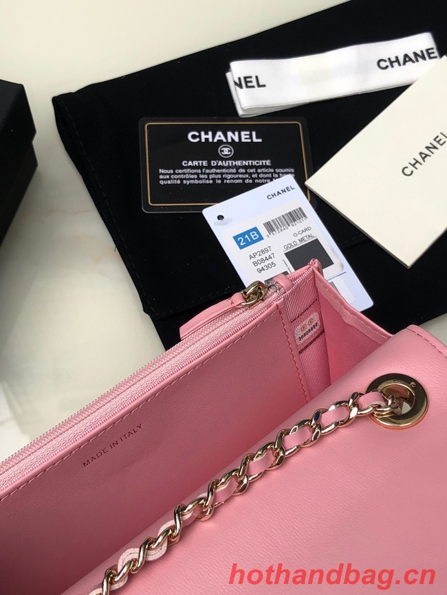 CHANEL WALLET ON CHAIN Lambskin & light Gold-Tone Metal 80892 pink