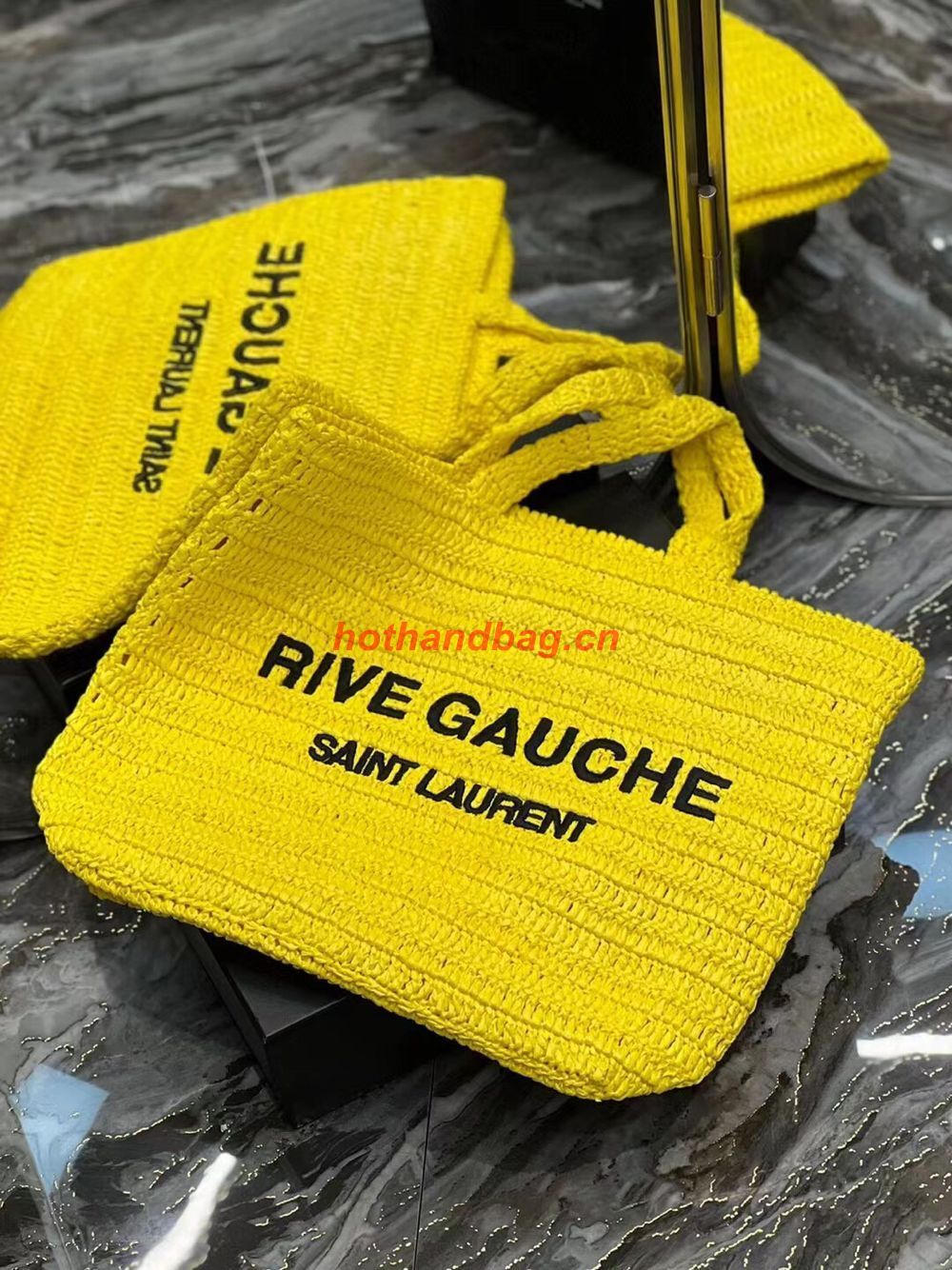 SAINT LAURENT RIVE GAUCHE SUPPLE TOTE BAG IN RAFFIA CROCHET 688864 yellow