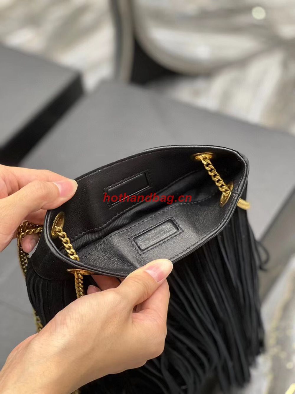 SAINT LAURENT SMALL CHAIN BAG IN LIGHT SUEDE WITH FRINGES 683378 BLACK