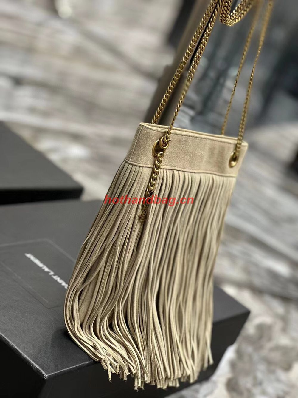 SAINT LAURENT SMALL CHAIN BAG IN LIGHT SUEDE WITH FRINGES 683378 GRAY