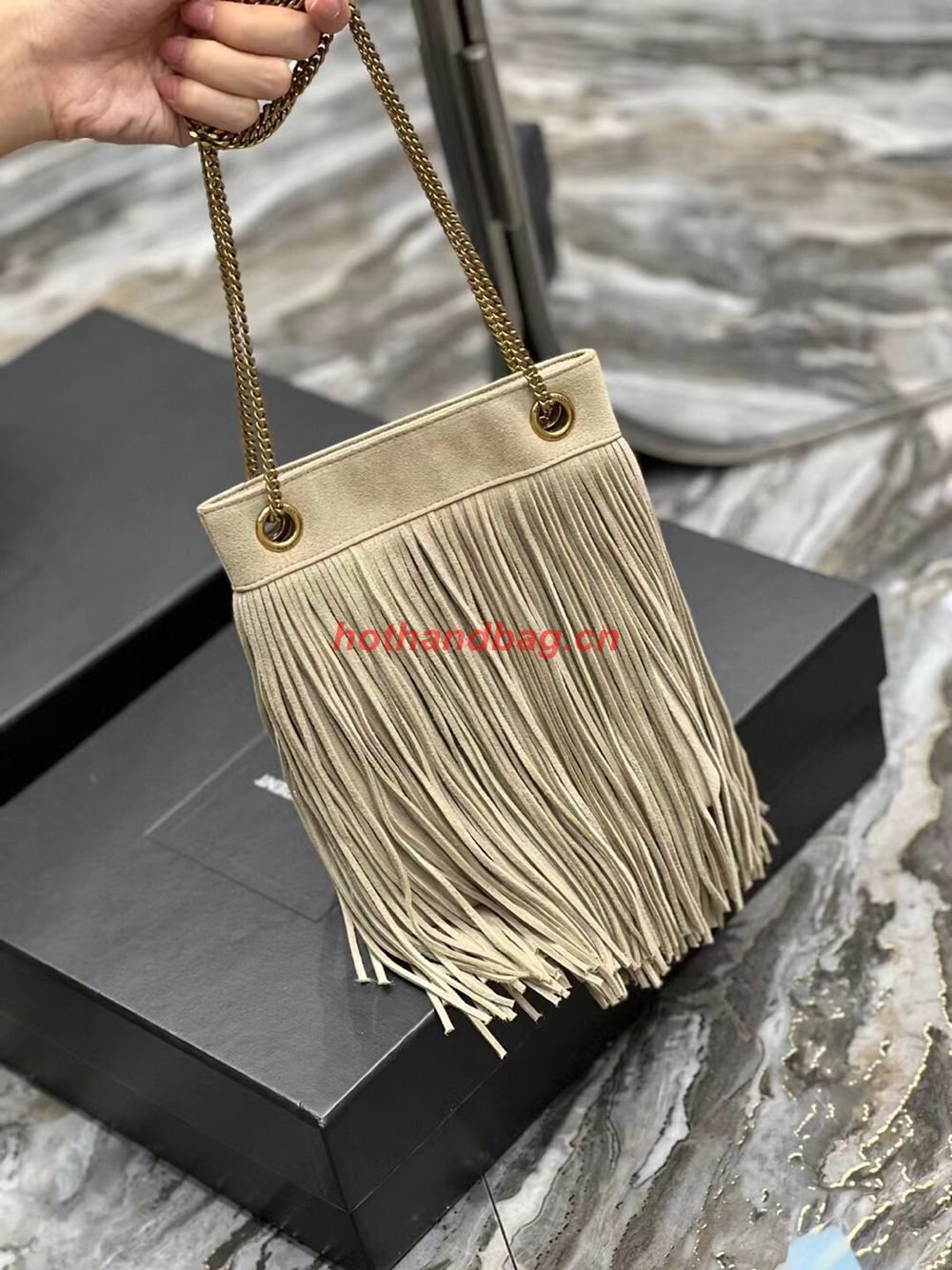 SAINT LAURENT SMALL CHAIN BAG IN LIGHT SUEDE WITH FRINGES 683378 GRAY