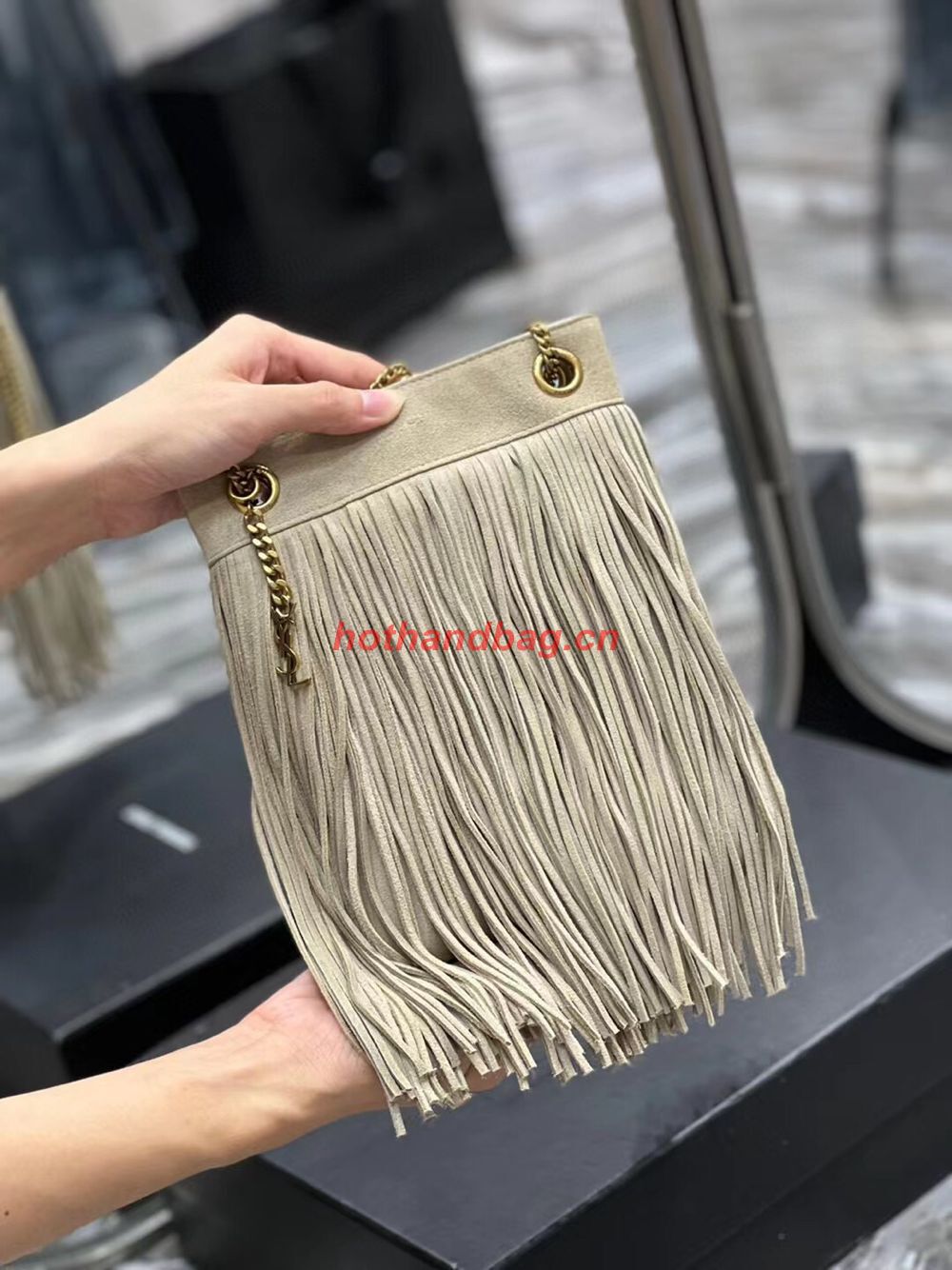 SAINT LAURENT SMALL CHAIN BAG IN LIGHT SUEDE WITH FRINGES 683378 GRAY