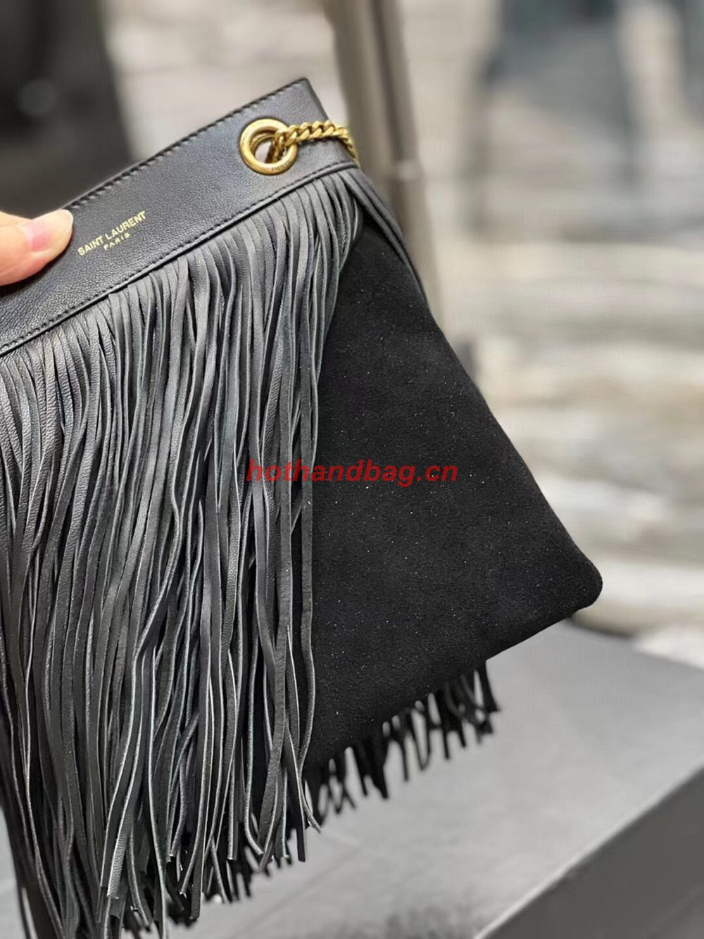 SAINT LAURENT SMALL CHAIN BAG IN SMOOTH LEATHER WITH FRINGES 683378 BLACK