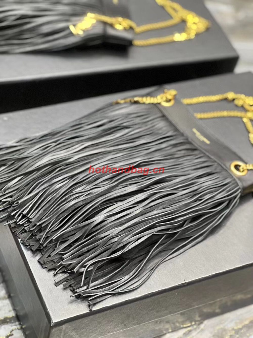 SAINT LAURENT SMALL CHAIN BAG IN SMOOTH LEATHER WITH FRINGES 683378 BLACK