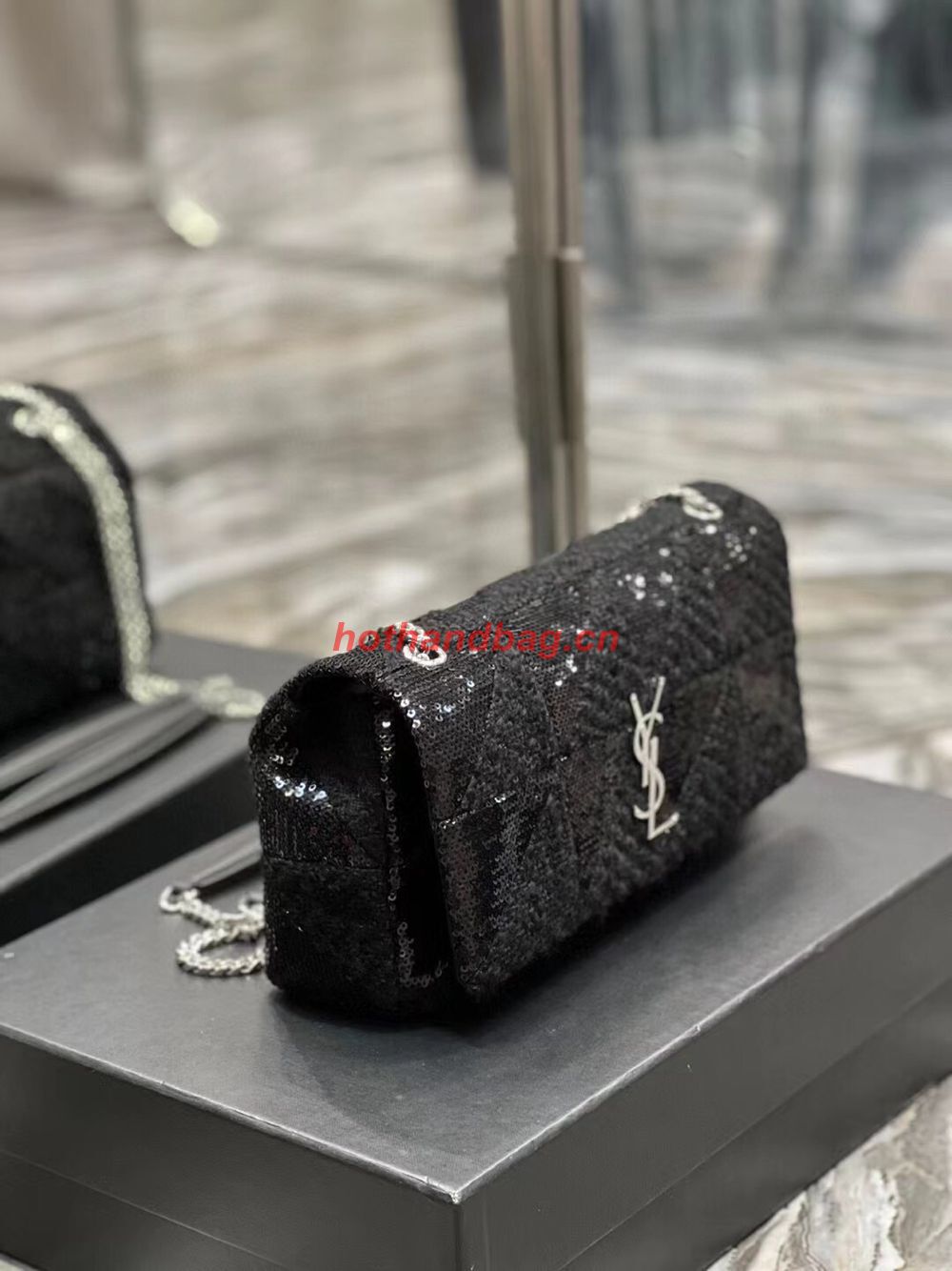 SAINT LAURENT JAMIE MEDIUM CHAIN BAG CARRE RIVE GAUCHE IN SEQUINS AND SEQUINED TWEED 515821 BLACK