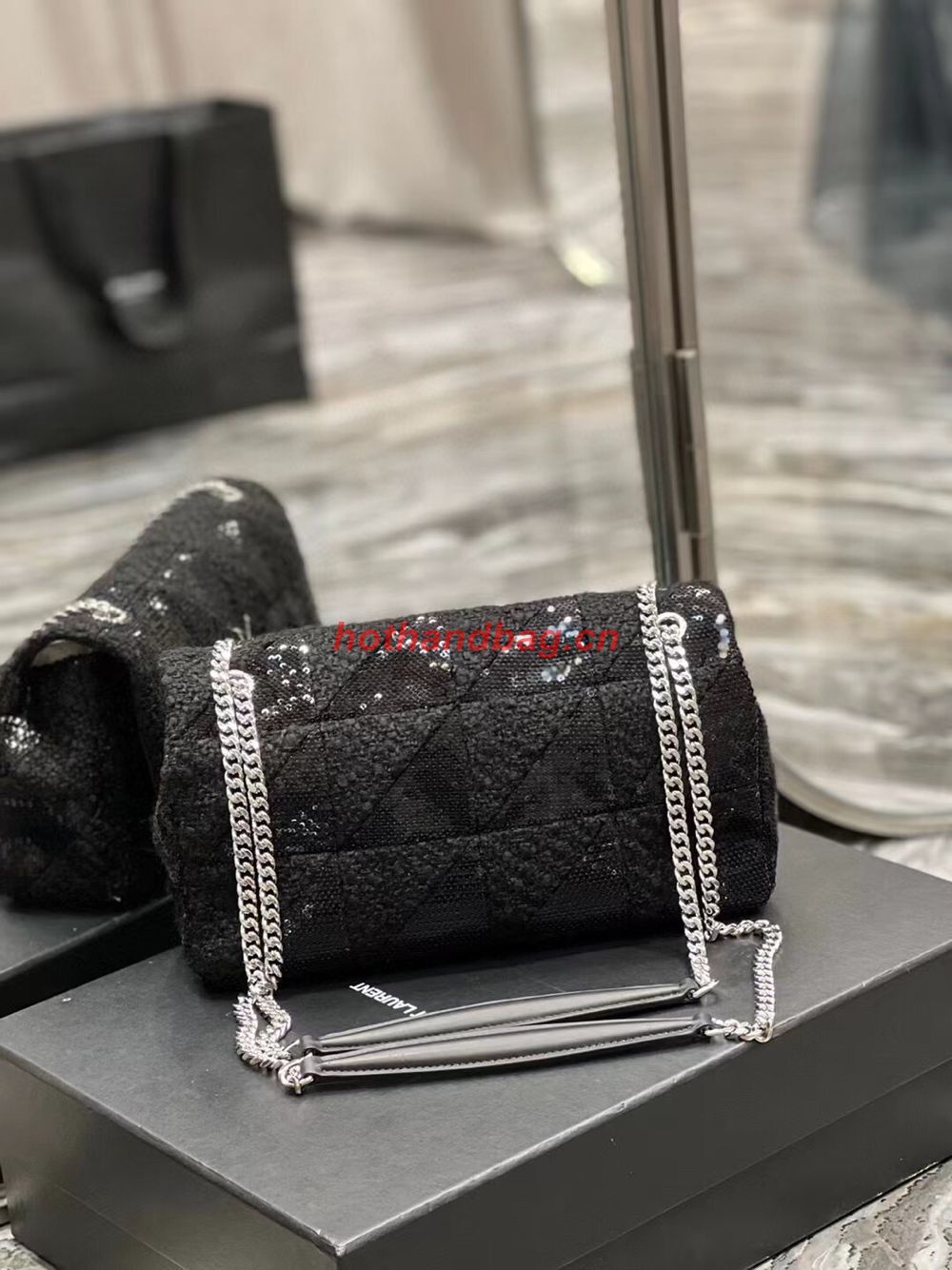 SAINT LAURENT JAMIE MEDIUM CHAIN BAG CARRE RIVE GAUCHE IN SEQUINS AND SEQUINED TWEED 515821 BLACK