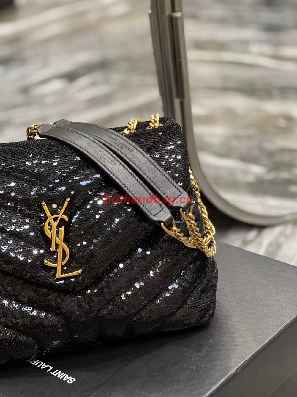 SAINT LAURENT LOULOU SMALL CHAIN BAG IN QUILTED Y LEATHER SATIN AND SEQUINS 494699 black