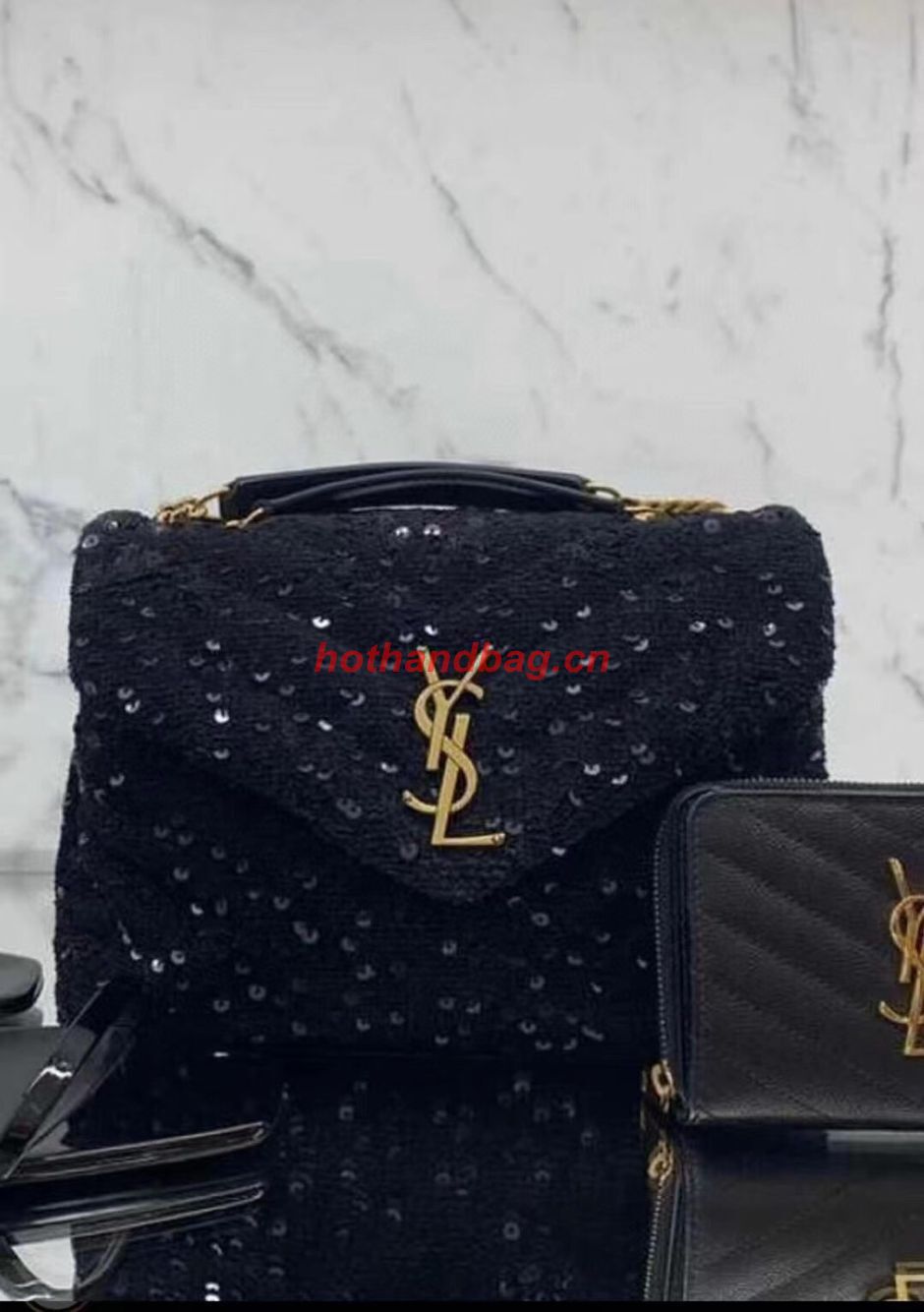 SAINT LAURENT LOULOU SMALL CHAIN BAG IN QUILTED Y LEATHER SATIN AND SEQUINS 494699 black