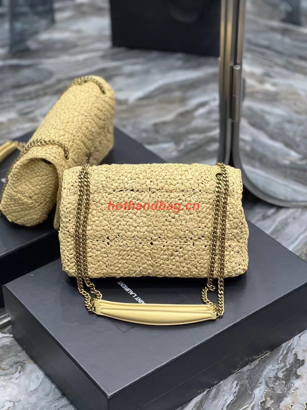 SAINT LAURENT JAMIE MEDIUM CHAIN BAG CARRE RIVE GAUCHE IN CROCHET RAFFIA AND SMOOTH LEATHER 515821 NATUREL