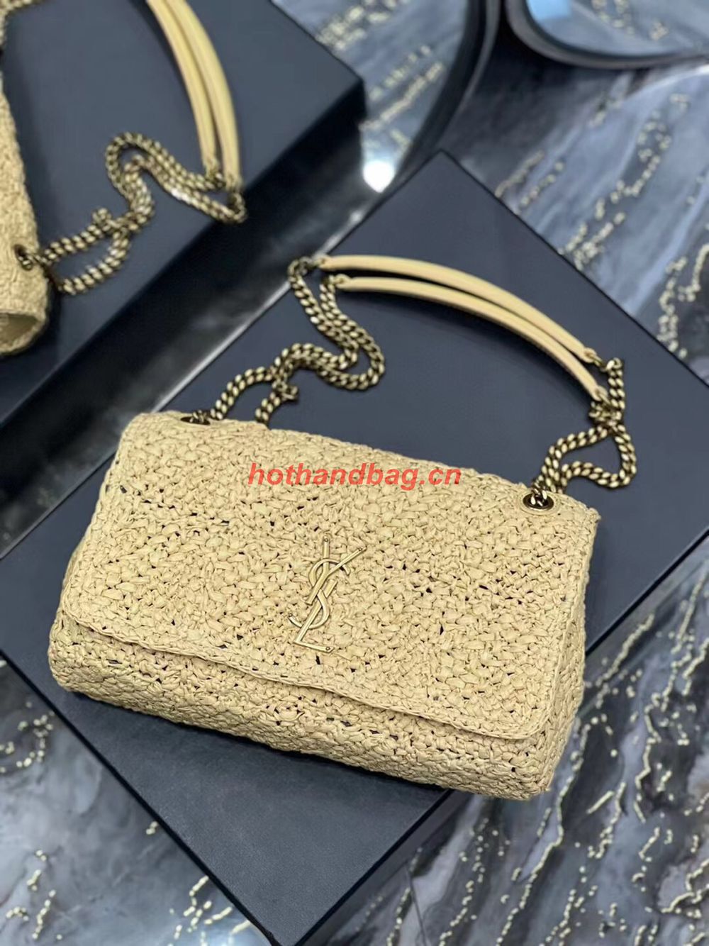 SAINT LAURENT JAMIE MEDIUM CHAIN BAG CARRE RIVE GAUCHE IN CROCHET RAFFIA AND SMOOTH LEATHER 515821 NATUREL