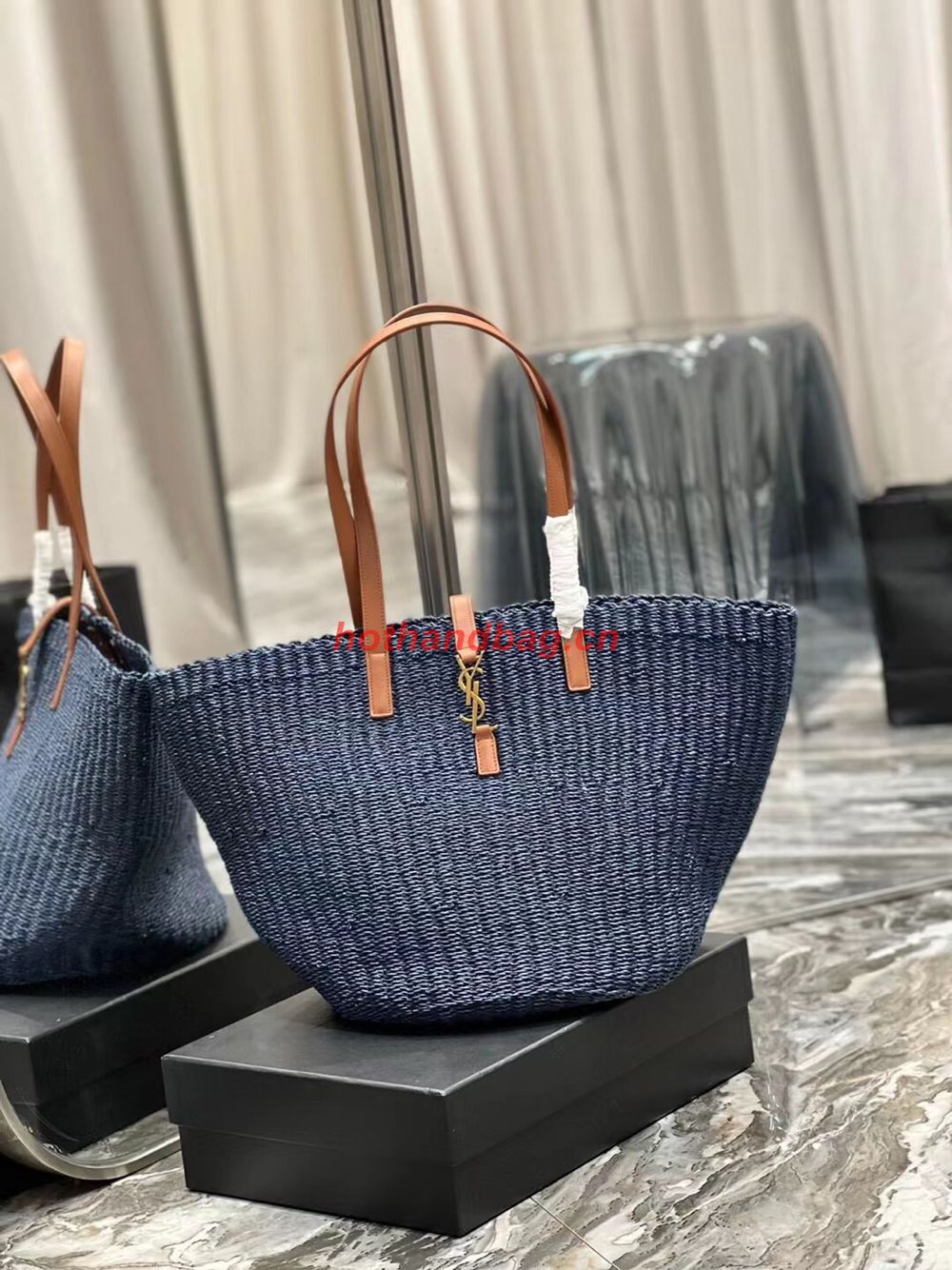 SAINT LAURENT PANIER MEDIUM BAG IN CROCHET RAFFIA AND SMOOTH LEATHER 688221 dark blue