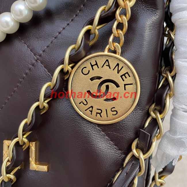 CHANEL MINI 22 HANDBAG Metallic Calfskin & gold Metal AS3989 Coffee