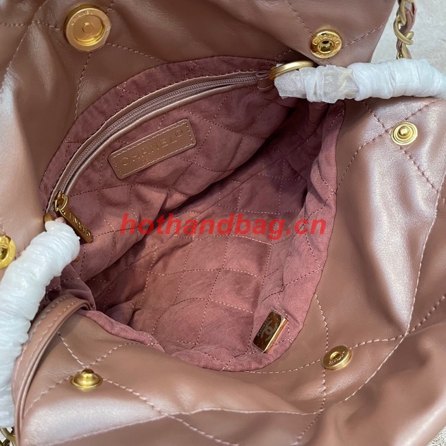 CHANEL MINI 22 HANDBAG Metallic Calfskin & gold Metal AS3989 pink