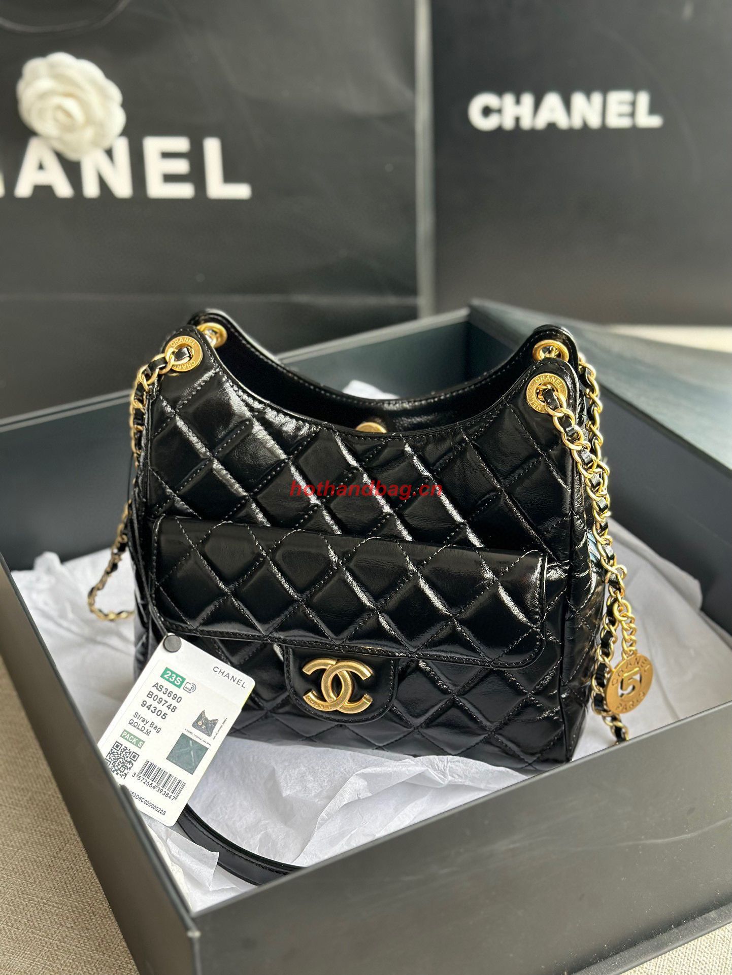 CHANEL 2023 HANDBAG Shiny Calfskin AS3609 Black & gold-Tone Metal