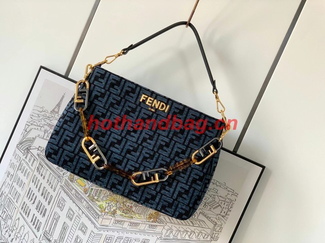 Fendi O Lock Zipper Dark blue tapestry fabric bag 8BR805A